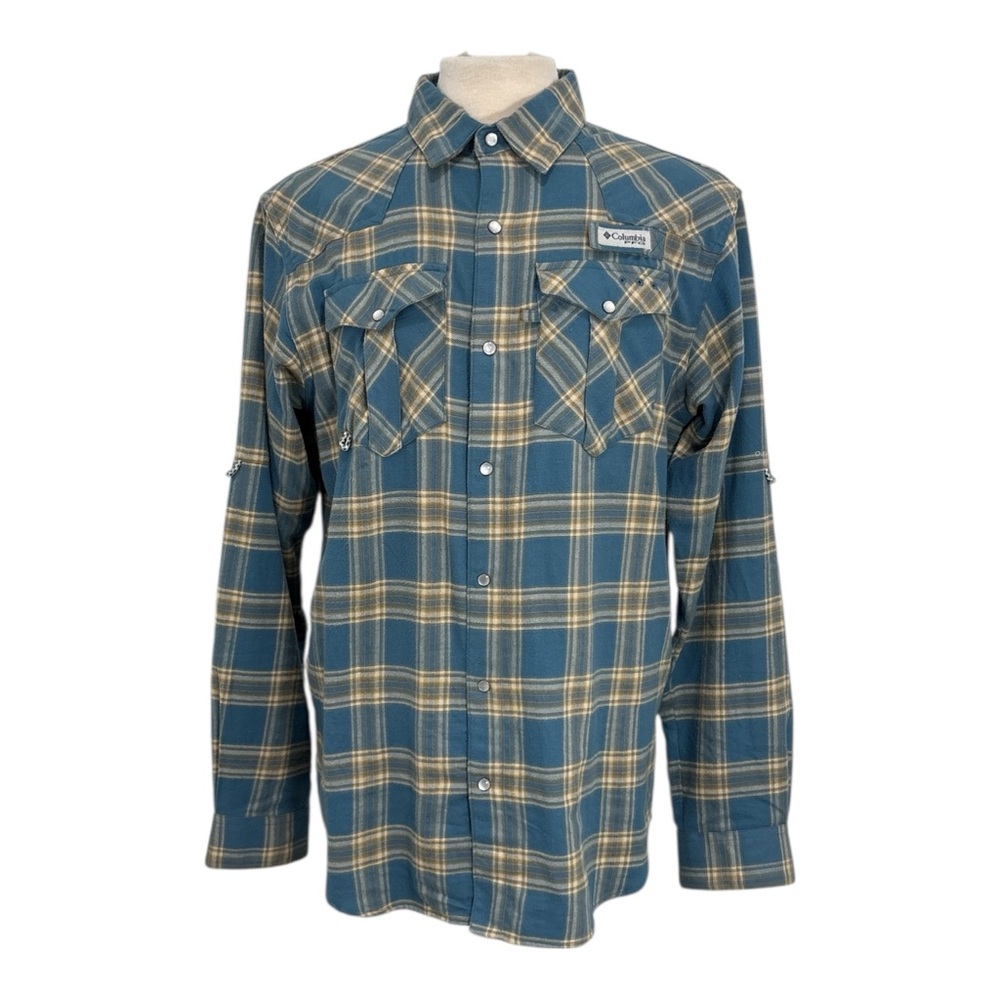 Columbia PFG Omni-Shade Men Med Teal Plaid Flannel Pearl Snap Button Front Shirt